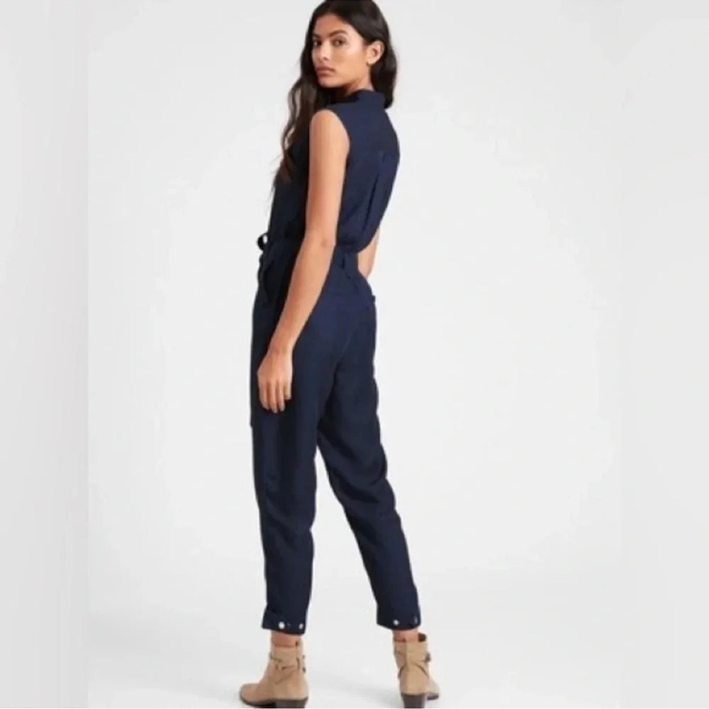 Banana Republic Utility Jumpsuit Sleeveless Chambray Denim Button Tie Pickets - Picture 2 of 14